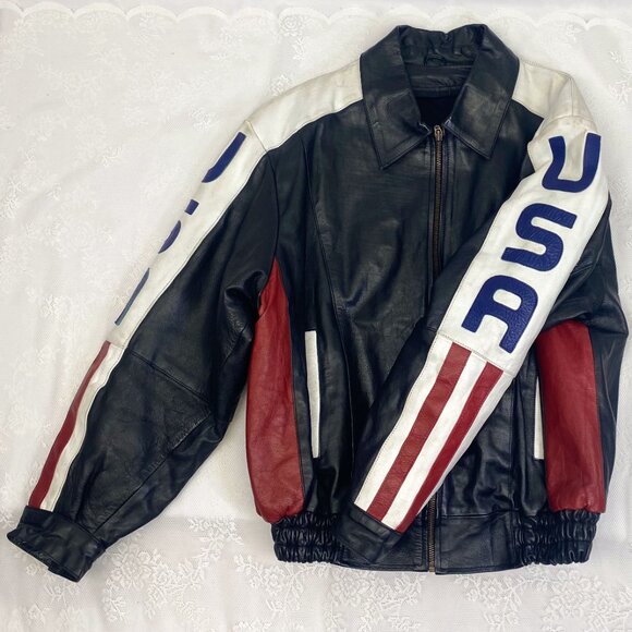 Vintage Leather USA Flag Bomber Jacket Leather King Biker Coat - Picture 7 of 14